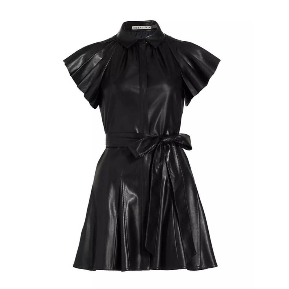Alice + Olivia McKell Black Faux Leather Self Tie A-Line Dress Size 12 NWT
